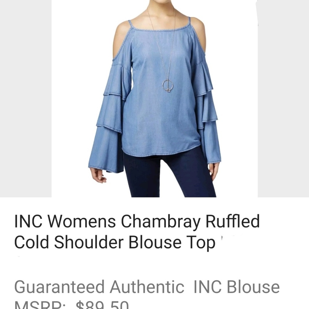 INC. INTERNATIONAL Chambray Ruffled Cold Shoulder Top - Picture 4 of 5